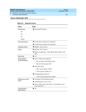 Page 111DEFINITY ECS Release 8
Guide to ACD Call Centers  555-233-503  Issue 2
December 1999
DEFINITY ECS ACD Call Center Features 
3-27 Automatic Call Distribution 
3
How to Administer ACD
Table 3-6. Required Forms
Form Field
Trunk Groups
 CO
 FX
 Tie
 WAT SnIncoming Destination
Class of RestrictionnCan Be Service Observer? (optional)
nCan Be Service Observed? (optional)
Attendant ConsolenHeadset, Auto Answer
StationnHeadset, Auto Answer 
nButton Assignments - Work-Mode, Queue Status, Call 
Info
Hunt GroupnAll...