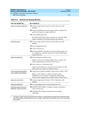 Page 129DEFINITY ECS Release 8
Guide to ACD Call Centers  555-233-503  Issue 2
December 1999
DEFINITY ECS ACD Call Center Features 
3-45 Best Service Routing 
3
Table 3-10. Best Service Routing Benefits
You can benefit by… As a result of…
Improved customer satisfactionnLower average speed of answer (ASA), thus more calls 
handled1
nGreater probability that expert agents will be available for a 
specific call type (for centers with EAS)
nLower abandonment rate
By balancing the load between locations in a network,...