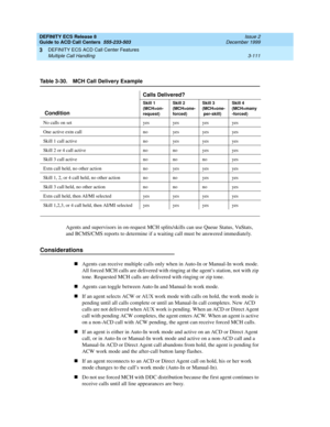 Page 195DEFINITY ECS Release 8
Guide to ACD Call Centers  555-233-503  Issue 2
December 1999
DEFINITY ECS ACD Call Center Features 
3-111 Multiple Call Handling 
3
Agents and supervisors in on-request MCH splits/skills can use Queue Status, VuStats, 
and BCMS/CMS reports to determine if a waiting call must be answered immediately.
Considerations
nAgents can receive multiple calls only when in Auto-In or Manual-In work mode. 
All forced MCH calls are delivered with ringing at the agent’s station, not with zip...