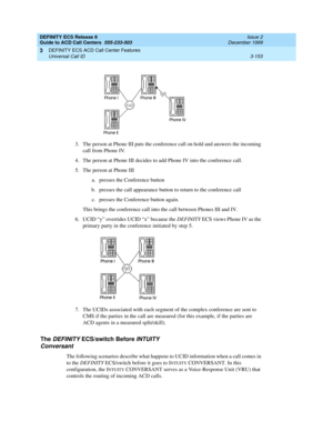 Page 237DEFINITY ECS Release 8
Guide to ACD Call Centers  555-233-503  Issue 2
December 1999
DEFINITY ECS ACD Call Center Features 
3-153 Universal Call ID 
3
3. The person at Phone III puts the conference call on hold and answers the incoming 
call from Phone IV.
4. The person at Phone III decides to add Phone IV into the conference call.
5. The person at Phone III 
a. presses the Conference button 
b. presses the call appearance button to return to the conference call
c. presses the Conference button again....