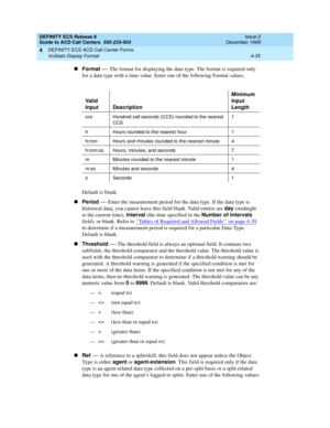 Page 327DEFINITY ECS Release 8
Guide to ACD Call Centers  555-233-503  Issue 2
December 1999
DEFINITY ECS ACD Call Center Forms 
4-35 VuStats Display Format 
4
nFormat
 — The format for displaying the data type. The format is required only 
for a data type with a time value. Enter one of the following Format values. 
Default is blank.
nPeriod 
— Enter the measurement period for the data type. If the data type is 
historical data, you cannot leave this field blank. Valid entries are day
 (midnight 
to the current...