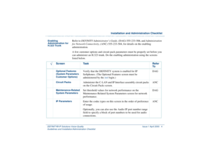 Page 6  Installation and Administration ChecklistDEFINITY® IP Solutions Voice-Quality 
Guidelines and Installation/Administration Checklist 
 Issue 1 April 2000 4
Enabling 
Administration for 
H.323 Trunk
Refer to DEFINITY Administrator’s Guide, (DAG) 555-233-506, and Administration 
for Network Connectivity, (ANC) 555-233-504, for details on the enabling 
administration.
A few customer options and circuit pack parameters must be properly set before you 
can administer an H.323 trunk. Do the enabling...