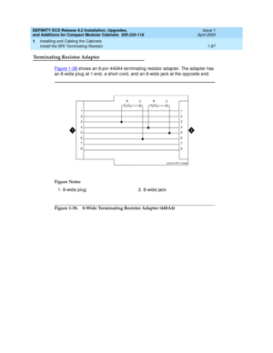 Page 113DEFINITY ECS Release 8.2 Installation, Upgrades, 
and Additions for Compact Modular Cabinets  555-233-118  Issue 1
April 2000
Installing and Cabling the Cabinets 
1-87 Install the BRI Terminating Resistor 
1
Terminating Resistor Adapter
Figure 1-38 shows an 8-p in 440A4 terminating  resistor ad ap ter. The ad ap ter has 
an 8-wid e plug  at 1 end , a short c ord , and  an 8-wid e jac k at the op p osite end .
Figure 1-38. 8-Wide Terminating Resistor Adapter (440A4) Figure Notes
1. 8-wid e p lug 2. 8-wid...