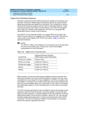 Page 123DEFINITY ECS Release 8.2 Installation, Upgrades, 
and Additions for Compact Modular Cabinets  555-233-118  Issue 1
April 2000
Installing and Cabling the Cabinets 
1-97 Install Off-Premises Station Wiring 
1
Digital Out-of-Building Telephones
Protec tion is req uired  at b oth b uild ing  entranc es for d ig ital out-of-b uilding  voic e 
terminals. There are 2 different typ es of protec tors that c an b e used to p rotec t 
d ig ital voic e terminals and  d ig ital line c irc uit p ac ks. The 2 p rotec...