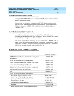 Page 19DEFINITY ECS Release 8.2 Installation, Upgrades, 
and Additions for Compact Modular Cabinets  555-233-118  Issue 1
April 2000
About This Book 
xix How to Order Documentation 
How to Order Documentation
A c omp lete list of DEFINITY b ooks is availab le in the Business Communic ations 
System Pub lic ations Catalog .
You c an ord er this d oc ument and  any other DEFINITY doc umentation d irec tly 
from the Luc ent Tec hnolog ies Business Communic ations System Pub lic ations 
Fulfillment Center at...