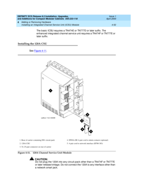 Page 224DEFINITY ECS Release 8.2 Installation, Upgrades, 
and Additions for Compact Modular Cabinets  555-233-118  Issue 1
April 2000
Adding or Removing Hardware 
4-52 Installing an Integrated Channel Service Unit (ICSU) Module 
4
The b asic  ICSU req uires a TN474E or TN777D or later suffix. The 
enhanc ed  integ rated  c hannel servic e unit req uires a TN474F or TN777E or 
later suffix.
Installing the 120A CSU
See Figure 4-11. 
Figure 4-11. 120A Channel Service Unit Module
!CAUTION:
Do not p lug  the 120A...