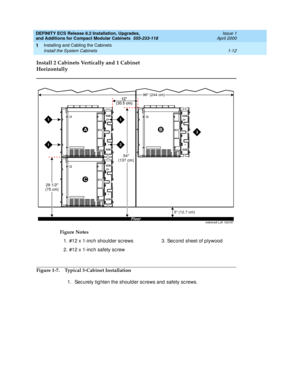 Page 38DEFINITY ECS Release 8.2 Installation, Upgrades, 
and Additions for Compact Modular Cabinets  555-233-118  Issue 1
April 2000
Installing and Cabling the Cabinets 
1-12 Install the System Cabinets 
1
Install 2 Cabinets Vertically and 1 Cabinet 
Horizontally 
Figure 1-7. Typical 3-Cabinet Installation
1. Sec urely tig hten the should er sc rews and  safety sc rews. Figure Notes
1. #12 x 1-inc h should er sc rews
2. #12 x 1-inc h safety sc rew3. Sec ond  sheet of plywood
Floorindmins9 LJK 102197
29 1/2
(75...