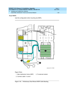 Page 54DEFINITY ECS Release 8.2 Installation, Upgrades, 
and Additions for Compact Modular Cabinets  555-233-118  Issue 1
April 2000
Installing and Cabling the Cabinets 
1-28 Install Main Distribution Frame and External Modem 
1
Dual MDFs
Use this c onfig uration when mounting  two MDFs. 
Figure 1-18. Preliminary Dual-Mount MDF Cable Routing Figure Notes
1. Main d istrib ution frame (MDF)
2. Connec t c ab le 1 to slot 13. To external mod em
2
cadmrpn2 KLC 070698
1
3
1
2
5
6
7
8
4 3
9
10
1
10
10
9
9
8
8
7
7
6
6...