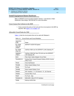 Page 57DEFINITY ECS Release 8.2 Installation, Upgrades, 
and Additions for Compact Modular Cabinets  555-233-118  Issue 1
April 2000
Installing and Cabling the Cabinets 
1-31 Install Equipment Room Hardware 
1
Install Equipment Room Hardware
Refer to DEFINITY Communic ations System Generic  1 and  Generic  3 Main 
Distrib ution Field  Desig n, 555-230-630, for more information.
Cross-Connect the Cabinets to the MDF
1. Cross-c onnec t the ports on the trunk and  line c irc uit p ac ks to the MDF as 
req uired....