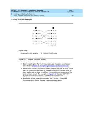 Page 94DEFINITY ECS Release 8.2 Installation, Upgrades, 
and Additions for Compact Modular Cabinets  555-233-118  Issue 1
April 2000
Installing and Cabling the Cabinets 
1-68 Install and Wire Telephones and Other Equipment 
1
Analog Tie Trunk Example
Figure 1-33. Analog Tie Trunk Wiring
1. Before installing the Tie Trunk circuit pac k, set the option switches as 
described in Chapter 2, ‘‘Completing Installation and Cable Pinouts’’
.
2. Install c ross-c onnec t jump ers to c onnec t the p ins from the Tie Trunk...