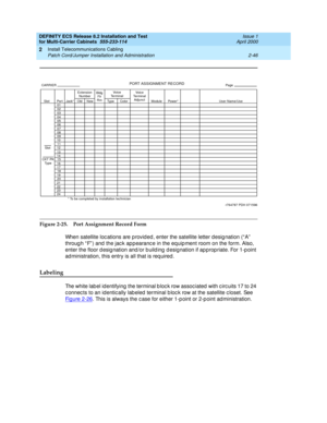 Page 102DEFINITY ECS Release 8.2 Installation and Test
for Multi-Carrier Cabinets  555-233-114  Issue 1
April 2000
Install Telecommunications Cabling 
2-46 Patch Cord/Jumper Installation and Administration 
2
Figure 2-25. Port Assignment Record Form
When satellite loc ations are p rovid ed , enter the satellite letter desig nation (“ A”  
throug h “ F” ) and  the jac k ap p earanc e in the eq uip ment room on the form. Also, 
enter the floor d esig nation and /or b uild ing  d esig nation if ap prop riate. For...