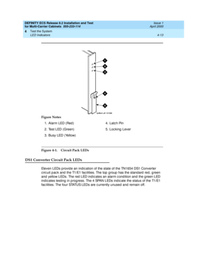 Page 171DEFINITY ECS Release 8.2 Installation and Test
for Multi-Carrier Cabinets  555-233-114  Issue 1
April 2000
Test the System 
4-13 LED Indicators 
4
Figure 4-1. Circuit Pack LEDs
DS1 Converter Circuit Pack LEDs
Eleven LEDs p rovide an indic ation of the state of the TN1654 DS1 Converter 
c irc uit p ac k and  the T1/E1 fac ilities. The top  g roup  has the standard  red, g reen 
and  yellow LEDs. The red  LED ind ic ates an alarm c ond ition and the g reen LED 
indic ates testing  in p rog ress. The 4 SPAN...