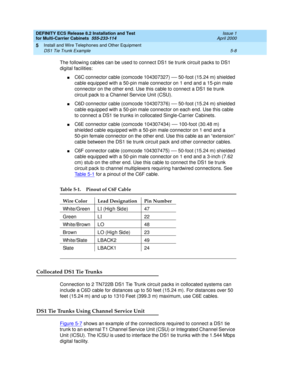 Page 182DEFINITY ECS Release 8.2 Installation and Test
for Multi-Carrier Cabinets  555-233-114  Issue 1
April 2000
Install and Wire Telephones and Other Equipment 
5-8 DS1 Tie Trunk Example 
5
The following cables can be used to connect DS1 tie trunk circuit packs to DS1 
digital facilities:
nC6C connector cable (comcode 104307327) — 50-foot (15.24 m) shielded 
cable equipped with a 50-pin male connector on 1 end and a 15-pin male 
connector on the other end. Use this cable to connect a DS1 tie trunk 
circuit...