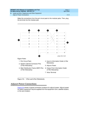 Page 187DEFINITY ECS Release 8.2 Installation and Test
for Multi-Carrier Cabinets  555-233-114  Issue 1
April 2000
Install and Wire Telephones and Other Equipment 
5-13 Adjunct Power Connections 
5
Make the connections from the port circuit pack to the modular jacks. Then, plug 
the terminal into the modular jack.
Figure 5-8. 3-Pair and 4-Pair Modularity
Adjunct Power Connections
Figure 5-9 shows 3 typical connection locations for adjunct power. Adjunct power 
for station equipment may be supplied from the...