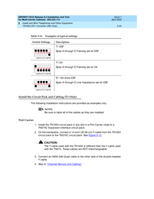 Page 198DEFINITY ECS Release 8.2 Installation and Test
for Multi-Carrier Cabinets  555-233-114  Issue 1
April 2000
Install and Wire Telephones and Other Equipment 
5-24 TN1654 DS1 Converter (R8r Only) 
5
Install the Circuit Pack and Cabling (T1 Only)
The following installation instructions are provided as examples only.
NOTE:
Be sure to lab el all of the c ab les as they are installed .
Port Carrier
1. Install the TN1654 c irc uit p ac k in any slot in a Port Carrier c lose to a 
TN570C Exp ansion Interfac e c...