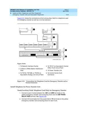 Page 218DEFINITY ECS Release 8.2 Installation and Test
for Multi-Carrier Cabinets  555-233-114  Issue 1
April 2000
Install and Wire Telephones and Other Equipment 
5-44 Emergency Transfer Units and Associated Telephones 
5
Figure 5-21 shows the connections at the trunk/auxiliary field for a telephone used 
for emergency transfer as well as a normal extension.
Figure 5-21. Connections for Telephone Used for Emergency Transfer and as 
Normal Extension
Install Telephone for Power Transfer Unit
Trunk/Auxiliary...