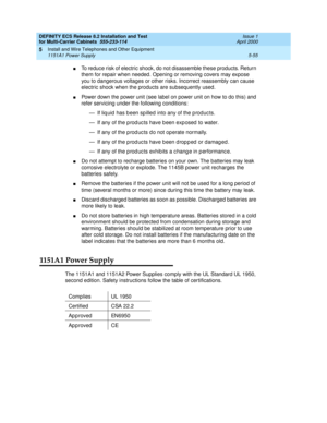 Page 229DEFINITY ECS Release 8.2 Installation and Test
for Multi-Carrier Cabinets  555-233-114  Issue 1
April 2000
Install and Wire Telephones and Other Equipment 
5-55 1151A1 Power Supply 
5
nTo reduce risk of electric shock, do not disassemble these products. Return 
them for repair when needed. Opening or removing covers may expose 
you to dangerous voltages or other risks. Incorrect reassembly can cause 
electric shock when the products are subsequently used.
nPower down the power unit (see label on power...