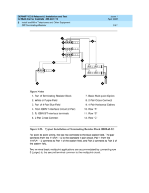 Page 235DEFINITY ECS Release 8.2 Installation and Test
for Multi-Carrier Cabinets  555-233-114  Issue 1
April 2000
Install and Wire Telephones and Other Equipment 
5-61 BRI Terminating Resistor 
5
Figure 5-28. Typical Installation of Terminating Resistor Block (110RA1-12)
For point-to-point wiring, the top row connects to the blue station field. The pair 
connects from the 110RA1-12 to the standard 4-pair circuit. Pair 1 from the 
110RA1-12 connects to Pair 1 of the station field, and Pair 2 connects to Pair 3...