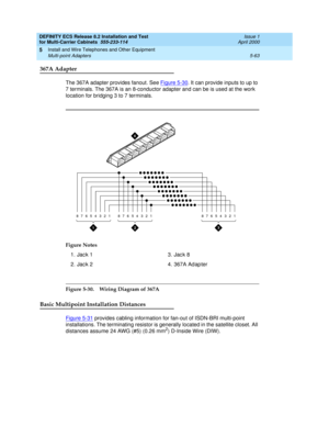 Page 237DEFINITY ECS Release 8.2 Installation and Test
for Multi-Carrier Cabinets  555-233-114  Issue 1
April 2000
Install and Wire Telephones and Other Equipment 
5-63 Multi-point Adapters 
5
367A Adapter
The 367A adapter provides fanout. See Figure 5-30. It can provide inputs to up to 
7 terminals. The 367A is an 8-conductor adapter and can be is used at the work 
location for bridging 3 to 7 terminals.
Figure 5-30. Wiring Diagram of 367A
Basic Multipoint Installation Distances
Figure 5-31 provides cabling...