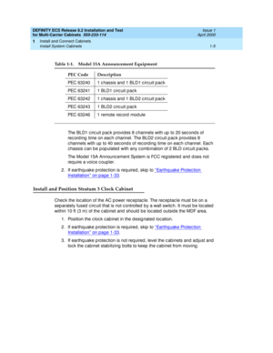 Page 25DEFINITY ECS Release 8.2 Installation and Test
for Multi-Carrier Cabinets  555-233-114  Issue 1
April 2000
Install and Connect Cabinets 
1-5 Install System Cabinets 
1
The BLD1 c irc uit p ac k p rovid es 8 c hannels with up  to 20 sec ond s of 
rec ord ing  time on eac h c hannel. The BLD2 c irc uit p ac k provid es 8 
c hannels with up  to 40 sec ond s of rec ording  time on eac h c hannel. Eac h 
c hassis c an b e p op ulated  with any c omb ination of 2 BLD c irc uit p ac ks.
The Model 15A Announc...