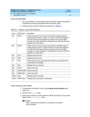 Page 345DEFINITY ECS Release 8.2 Installation and Test
for Multi-Carrier Cabinets  555-233-114  Issue 1
April 2000
Test Telephones and Other Equipment 
6-7 Test Stratum 3 Clock 
6
Check for Red LEDs 
1. Turn on the Stratum 3 c loc k and  wait 40-50 sec ond s to allow the system to 
c omp lete the on-b oard  d iag nostic s b efore c hec king  LEDs.
2. If there are any red  LEDs, follow the p roc ed ures in Ta b l e  6 - 1
.
Verify Timing to the System 
1. To administer the Stratum 3 clock, type change...