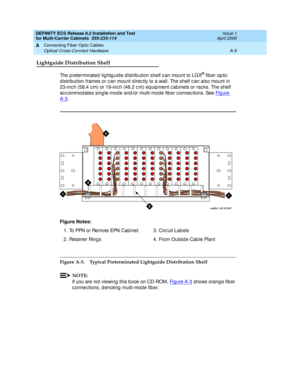 Page 355DEFINITY ECS Release 8.2 Installation and Test
for Multi-Carrier Cabinets  555-233-114  Issue 1
April 2000
Connecting Fiber Optic Cables 
A-9 Optical Cross-Connect Hardware 
A
Lightguide Distribution Shelf
The p reterminated  lig htg uid e d istrib ution shelf c an mount to LGX® fib er op tic  
d istrib ution frames or c an mount d irec tly to a wall. The shelf c an also mount in 
23-inc h (58.4 c m) or 19-inc h (48.2 c m) eq uip ment c ab inets or rac ks. The shelf 
ac c ommod ates sing le-mod e and /or...