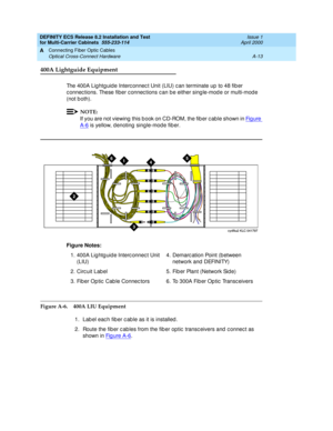 Page 359DEFINITY ECS Release 8.2 Installation and Test
for Multi-Carrier Cabinets  555-233-114  Issue 1
April 2000
Connecting Fiber Optic Cables 
A-13 Optical Cross-Connect Hardware 
A
400A Lightguide Equipment
The 400A Lig htg uid e Interc onnec t Unit (LIU) c an terminate up  to 48 fib er 
c onnec tions. These fiber c onnec tions c an b e either sing le-mod e or multi-mod e 
(not b oth). 
NOTE:
If you are not viewing  this b ook on CD-ROM, the fib er c ab le shown in Fi g u re  
A-6 is yellow, d enoting...