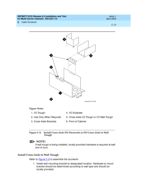 Page 389DEFINITY ECS Release 8.2 Installation and Test
for Multi-Carrier Cabinets  555-233-114  Issue 1
April 2000
Cable Ductwork 
C-13  
C
Figure C-8. Install Cross-Aisle I/O Ductwork or I/O Cross-Aisle to Wall 
Trough
NOTE:
If wall troug h is b eing  installed, loc ally p rovid ed  hard ware is req uired  at wall 
end  of d uc t.
Install Cross-Aisle to Wall Trough
Refer to Fi g u re  C - 9 to assemble the d uc twork:
1. Install wall mounting  b rac ket to desig nated  loc ation. Hardware to mount 
b rac ket...