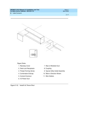 Page 393DEFINITY ECS Release 8.2 Installation and Test
for Multi-Carrier Cabinets  555-233-114  Issue 1
April 2000
Cable Ductwork 
C-17  
C
Figure C-12. Install AC Power DuctFigure Notes
1. Rac eway Cover
2. Twist-Loc k Rec ep tac le
3. Thread-Forming  Sc rew
4. Comb ination Endc ap
5. Cond uit Knoc kout
6. I/O Power Duc t7. Rear of Shielded Duc t
8. Coup ling
9. Typ ical Utility Outlet Assembly
10. Slid e in Direc tion Shown
11. Wire Holders 