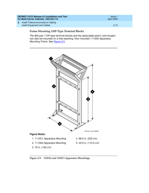 Page 66DEFINITY ECS Release 8.2 Installation and Test
for Multi-Carrier Cabinets  555-233-114  Issue 1
April 2000
Install Telecommunications Cabling 
2-10 Install Equipment and Cables 
2
Frame Mounting 110P-Type Terminal Blocks
The 900-pair 110P-typ e terminal b loc ks and  the assoc iated  p atc h c ord  troug hs 
c an also b e mounted  on a free-stand ing , floor-mounted  1110A2 App aratus 
Mounting  Frame. See Fi g u re  2 - 5
.
Figure 2-5. 1110A2 and 1110C1 Apparatus Mountings Figure Notes:
1. 1110C1 Ap p...