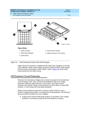 Page 68DEFINITY ECS Release 8.2 Installation and Test
for Multi-Carrier Cabinets  555-233-114  Issue 1
April 2000
Install Telecommunications Cabling 
2-12 Off-Premises Circuit Protection 
2
Figure 2-6. Cable Routing Through Cable Slack Manager
Cab le c lamp s are req uired  in installations with c ab le slac k managers. At the rear 
of the c ab inets, install 2 c ab le c lamp s using  the sc rews p rovided . These c lamp s 
hold  the 25-p air input/outp ut or MDF c ab les in p lac e. Fig ure  2-6
 shows cab le...