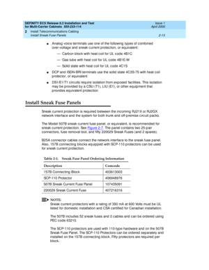 Page 69DEFINITY ECS Release 8.2 Installation and Test
for Multi-Carrier Cabinets  555-233-114  Issue 1
April 2000
Install Telecommunications Cabling 
2-13 Install Sneak Fuse Panels 
2
nAnalog  voic e terminals use one of the following  typ es of c omb ined  
over-voltag e and  sneak c urrent p rotec tion, or eq uivalent:
— Carb on b loc k with heat c oil for UL c od e 4B1C
— Gas tub e with heat c oil for UL c od e 4B1E-W
— Solid  state with heat c oil for UL c ode 4C1S
nDCP and  ISDN-BRI terminals use the solid...