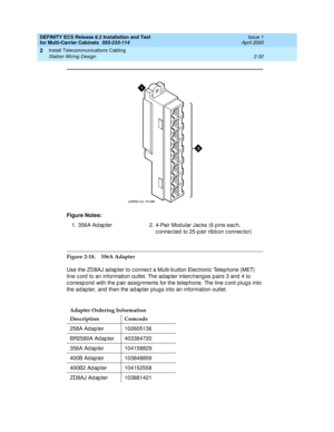 Page 88DEFINITY ECS Release 8.2 Installation and Test
for Multi-Carrier Cabinets  555-233-114  Issue 1
April 2000
Install Telecommunications Cabling 
2-32 Station Wiring Design 
2
Figure 2-18. 356A Adapter
Use the ZD8AJ ad ap ter to c onnec t a Multi-b utton Elec tronic  Telep hone (MET) 
line c ord  to an information outlet. The ad ap ter interc hang es p airs 3 and  4 to 
c orresp ond  with the p air assig nments for the telep hone. The line c ord plug s into 
the ad ap ter, and  then the ad ap ter p lug s...