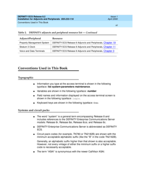 Page 12DEFINITY ECS Release 8.2
Installation for Adjuncts and Peripherals  555-233-116  Issue 1
April 2000
Conventions Used in This Book 
xii  
Conventions Used in This Book
Typographic
nInformation you typ e at the ac c ess terminal is shown in the following  
typefac e: list system-parameters maintenance
.
nVariab les are shown in the following  typ efac e: number.
nField  names and  information d isp layed  on the ac c ess terminal sc reen is 
shown in the following  typ efac e: login
.
nKeyb oard  keys are...