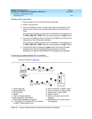 Page 128DEFINITY ECS Release 8.2
Installation for Adjuncts and Peripherals  555-233-116  Issue 1
April 2000
DEFINITY LAN Gateway System 
106 Connecting a PC 
7
Testing a direct connection
1. Plug  the p ower c ord  on the terminal into a wall outlet.
2. Power on the terminal.
3. If you are installing  a p rinter, set the p rinter op tions as d esc ribed  in the 
p rinter manual. Then set the c orresp ond ing  op tions on the terminal to 
matc h. 
If the terminal is installed  c orrec tly and  if the DEFINITY LAN...