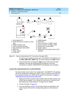 Page 130DEFINITY ECS Release 8.2
Installation for Adjuncts and Peripherals  555-233-116  Issue 1
April 2000
DEFINITY LAN Gateway System 
108 Connecting a PC 
7
Figure 31. Typical Administration PC Connections through ADUs 
If the terminal is installed  c orrec tly and  if the DEFINITY LAN Gateway is in 
the ADX
, OAM
, OS
 or AINIT
 state, the sc reen d isp lays the login 
prompt.
9. If the terminal d oes not d isp lay the login 
p romp t, write d own the state 
d isp layed , then see the troub leshooting  proc...