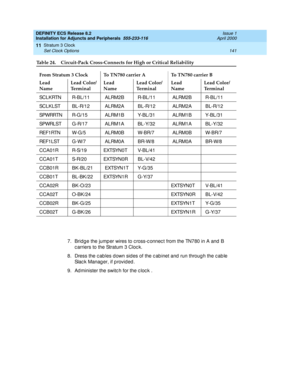 Page 163DEFINITY ECS Release 8.2
Installation for Adjuncts and Peripherals  555-233-116  Issue 1
April 2000
Stratum 3 Clock 
141 Set Clock Options 
11
7. Bridg e the jump er wires to c ross-c onnec t from the TN780 in A and  B 
c arriers to the Stratum 3 Cloc k.
8. Dress the c ab les d own sid es of the c ab inet and  run throug h the c ab le 
Slack Manager, if provided.
9. Ad minister the switc h for the c loc k . SCLK RTN  R-B L/1 1  ALRM2 B  R-B L/1 1  ALRM2 B  R-B L/1 1
SCLKLST  BL-R/12  ALRM2A  BL-R/12...