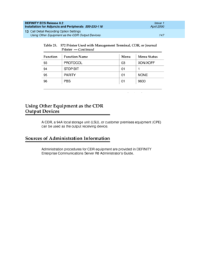 Page 169DEFINITY ECS Release 8.2
Installation for Adjuncts and Peripherals  555-233-116  Issue 1
April 2000
Call Detail Recording Option Settings 
147 Using Other Equipment as the CDR Output Devices 
13
Using Other Equipment as the CDR 
Output Devices
A CDR, a 94A loc al storag e unit (LSU), or c ustomer p remises eq uip ment (CPE) 
c an b e used  as the outp ut rec eiving  d evic e. 
Sources of Administration Information
Ad ministration p roc ed ures for CDR eq uip ment are p rovid ed  in DEFINITY 
Enterp rise...