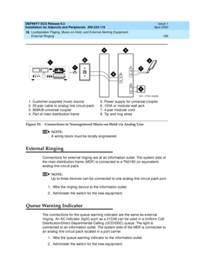 Page 188DEFINITY ECS Release 8.2
Installation for Adjuncts and Peripherals  555-233-116  Issue 1
April 2000
Loudspeaker Paging, Music-on-Hold, and External Alerting Equipment 
166 External Ringing 
16
Figure 53. Connections to Nonregistered Music-on-Hold via Analog Line
NOTE:
A wiring  b loc k must b e loc ally eng ineered.
External Ringing
Connec tions for external ring ing  are at an information outlet. The system sid e of 
the main d istrib ution frame (MDF) is c onnec ted  to a TN2183 (or eq uivalent)...