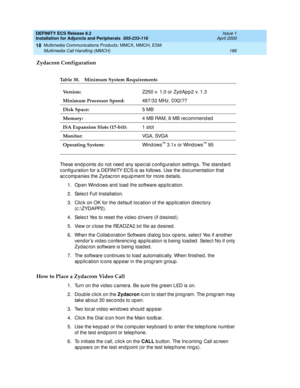 Page 208DEFINITY ECS Release 8.2
Installation for Adjuncts and Peripherals  555-233-116  Issue 1
April 2000
Multimedia Communications Products: MMCX, MMCH, ESM 
186 Multimedia Call Handling (MMCH) 
18
Zydacron Configuration
These end p oints d o not need  any spec ial c onfig uration setting s. The stand ard  
c onfig uration for a DEFINITY ECS is as follows. Use the d oc umentation that 
ac c omp anies the Zyd ac ron eq uip ment for more d etails. 
1. Open Wind ows and  load  the software ap plic ation.
2....