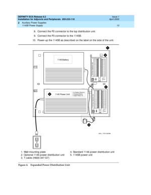 Page 35DEFINITY ECS Release 8.2
Installation for Adjuncts and Peripherals  555-233-116  Issue 1
April 2000
Auxiliary Power Supplies 
13 1145B Power Supply 
2
8. Connec t the P2 c onnec tor to the top  d istrib ution unit. 
9. Connec t the P3 c onnec tor to the 1145B.
10. Power-up  the 1145B as d esc rib ed  on the lab el on the sid e of the unit.
Figure 4. Expanded Power Distribution Unit 1. Wall-mounting  p late
2. Op tional 1146 p ower distrib ution unit
3. T c ab le (H600-347-G7)4. Stand ard 1146 p ower...