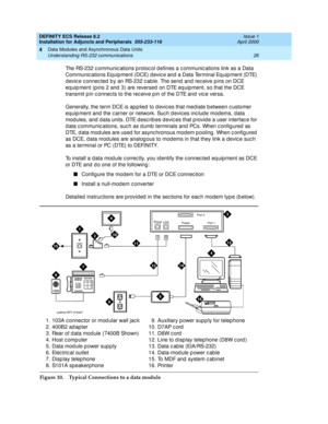 Page 48DEFINITY ECS Release 8.2
Installation for Adjuncts and Peripherals  555-233-116  Issue 1
April 2000
Data Modules and Asynchronous Data Units 
26 Understanding RS-232 communications 
4
The RS-232 c ommunic ations p rotoc ol d efines a c ommunic ations link as a Data 
Communic ations Eq uipment (DCE) d evic e and  a Data Terminal Eq uip ment (DTE) 
d evic e c onnec ted  b y an RS-232 c able. The send  and  rec eive p ins on DCE 
eq uip ment (p ins 2 and  3) are reversed  on DTE eq uip ment, so that the DCE...