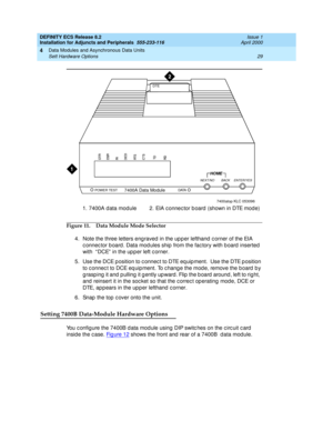 Page 51DEFINITY ECS Release 8.2
Installation for Adjuncts and Peripherals  555-233-116  Issue 1
April 2000
Data Modules and Asynchronous Data Units 
29 Sett Hardware Options 
4
Figure 11. Data Module Mode Selector
4. Note the three letters eng raved  in the up p er lefthand  c orner of the EIA 
c onnec tor b oard . Data mod ules ship  from the fac tory with b oard  inserted  
with  “ DCE”  in the up p er left c orner. 
5. Use the DCE p osition to c onnec t to DTE eq uip ment.  Use the DTE p osition 
to c onnec...