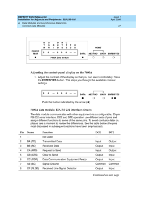 Page 59DEFINITY ECS Release 8.2
Installation for Adjuncts and Peripherals  555-233-116  Issue 1
April 2000
Data Modules and Asynchronous Data Units 
37 Connect Data Modules 
4
 
Adjusting the control-panel display on the 7400A
1. Ad just the c ontrast of the d isp lay so that you c an see it c omfortab ly. Press 
the ENTER/YES
 b utton. This step s you throug h the availab le c ontrast 
setting s.  
7400A data module, EIA RS-232 interface circuits
The d ata mod ule c ommunic ates with other eq uip ment via a c...