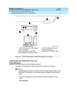 Page 95DEFINITY ECS Release 8.2
Installation for Adjuncts and Peripherals  555-233-116  Issue 1
April 2000
Data Modules and Asynchronous Data Units 
73 Administer the DEFINITY ECS for Data Modules 
4
Figure 18. Typical ExpressRoute 1000 Data Module Connections
Administer the DEFINITY ECS for 
Data Modules
You have to ad minister eac h d ata mod ule that you attac h to the system.
NOTE:
Only the b asic  p roc ed ure is c overed  here. For the full rang e of op tions, see 
the DEFINITY Enterp rise Communic ations...