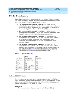 Page 125DEFINITY Enterprise Communication Server Release 8.2
Installation and Test for Single-Carrier Cabinets  555-233-120  Issue 1
April 2000
Install and Wire Telephones and Other Equipment 
5-7 DS1 Tie Trunk Example 
5
DS1 Tie Trunk Example
Dig ital Sig nal Level 1 (DS1) tie trunks p rovid e a 1.544 Mb p s (T1) or 2.048 Mb p s 
(E1) d ig ital d ata servic e b etween two c olloc ated  systems or between the system 
and  a d ata network. The following  c ab les c an b e used :
nC6C connector cable (comcode...