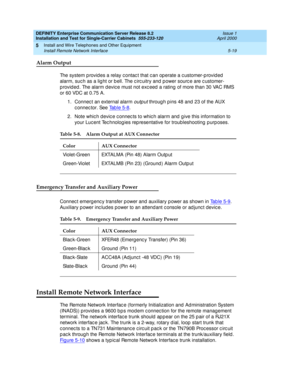 Page 137DEFINITY Enterprise Communication Server Release 8.2
Installation and Test for Single-Carrier Cabinets  555-233-120  Issue 1
April 2000
Install and Wire Telephones and Other Equipment 
5-19 Install Remote Network Interface 
5
Alarm Output
The system provides a relay contac t that can operate a customer-provided 
alarm, suc h as a lig ht or b ell. The c irc uitry and  p ower sourc e are c ustomer- 
provided. The alarm device must not exc eed a rating of more than 30 VAC RMS 
or 60 VDC at 0.75 A. 
1....