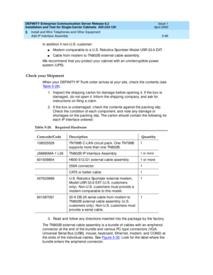 Page 216DEFINITY Enterprise Communication Server Release 8.2
Installation and Test for Single-Carrier Cabinets  555-233-120  Issue 1
April 2000
Install and Wire Telephones and Other Equipment 
5-98 Add IP Interface Assembly 
5
In ad dition if non-U.S. c ustomer:
nMod em c omp arab le to a U.S. Rob otic s Sportster Mod el USR 33.6 EXT.
nCable from modem to TN802B external c able assembly.
We rec ommend  that you p rotec t your c ab inet with an uninterrup tib le power 
system (UPS).
Check your Shipment
When your...