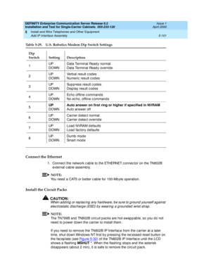 Page 219DEFINITY Enterprise Communication Server Release 8.2
Installation and Test for Single-Carrier Cabinets  555-233-120  Issue 1
April 2000
Install and Wire Telephones and Other Equipment 
5-101 Add IP Interface Assembly 
5
Connect the Ethernet
1. Connec t the network c ab le to the ETHERNET c onnec tor on the TN802B 
external c ab le assemb ly.
NOTE:
You need  a CAT5 or better c ab le for 100-Mb yte operation.
Install the Circuit Packs
!CAUTION:
When add ing  or rep lac ing  any hard ware, b e sure to g...