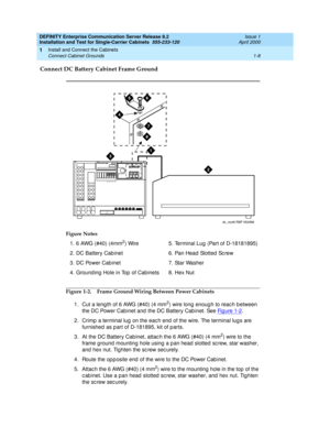 Page 26DEFINITY Enterprise Communication Server Release 8.2
Installation and Test for Single-Carrier Cabinets  555-233-120  Issue 1
April 2000
Install and Connect the Cabinets 
1-8 Connect Cabinet Grounds 
1
Connect DC Battery Cabinet Frame Ground
Figure 1-2. Frame Ground Wiring Between Power Cabinets
1. Cut a leng th of 6 AWG (#40) (4 mm
2) wire long  enoug h to reac h b etween 
the DC Power Cab inet and  the DC Battery Cab inet. See Fi g u re  1 -2
.
2. Crimp a terminal lug  on the eac h end  of the wire. The...